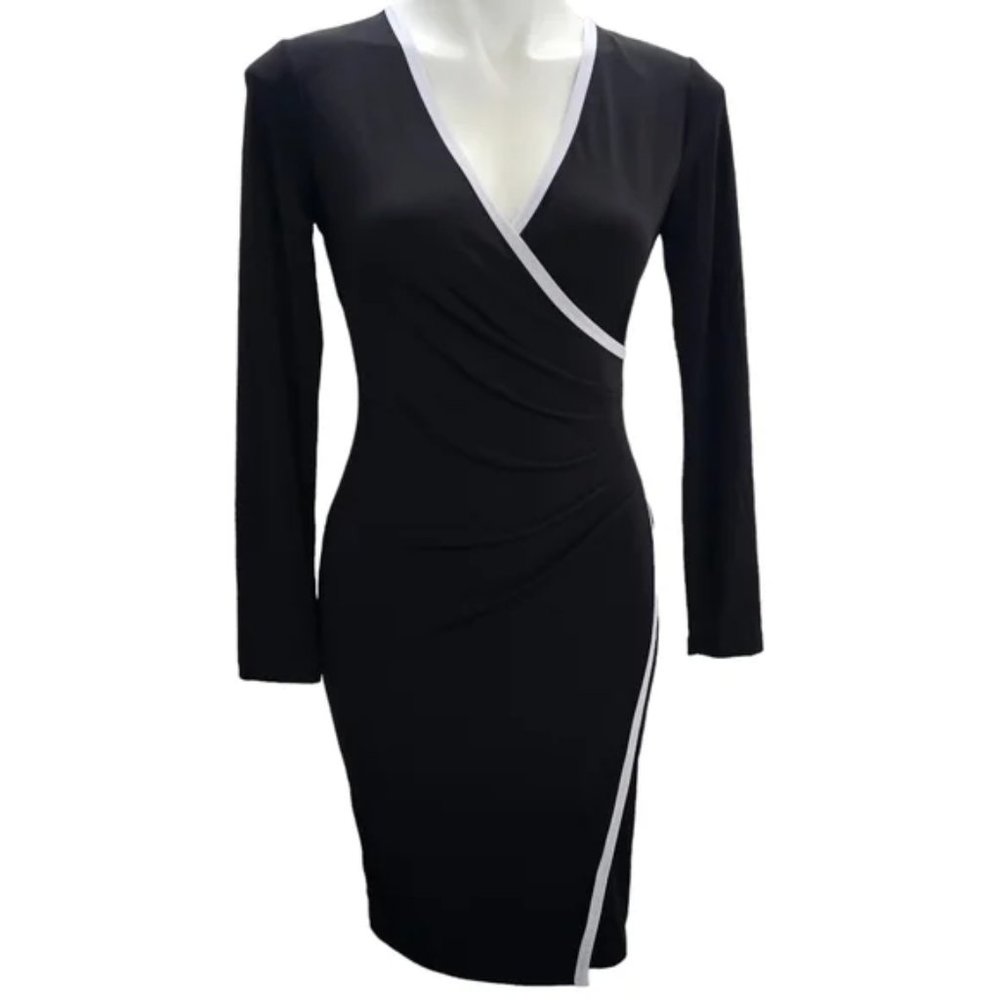 NWT Calvin Klein Dress - Size 6 Faux Wrap Black Long Sleeve Ruched Knee Length